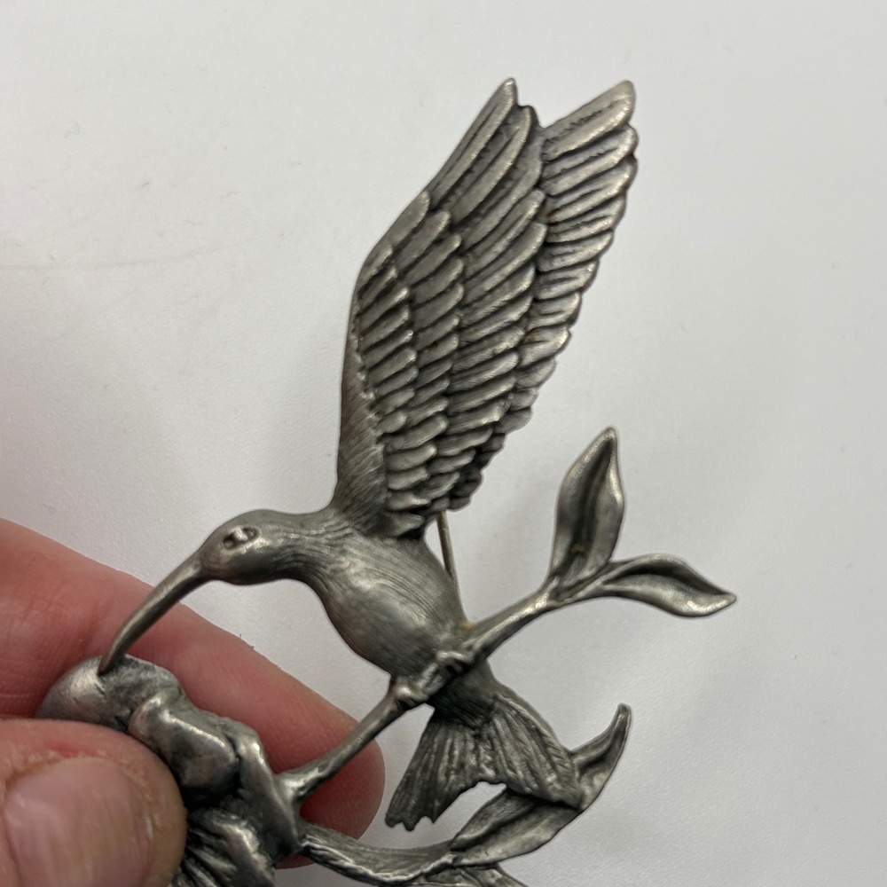 Pewter Spoon‎ Hummingbird Flower Brooch Pin 3825 Vintage Nature Bird Jewelry